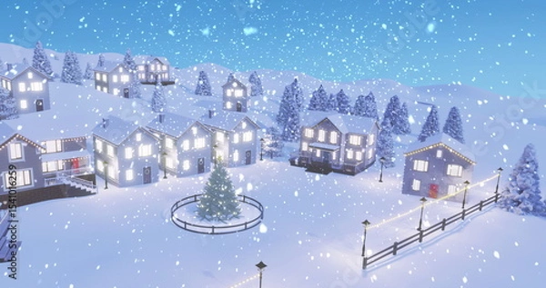 Fototapeta Shining snowy houses surrounding decorated Christmas tree at village square, with string lights