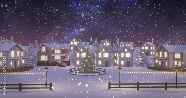 Fototapeta Standing Christmas tree glowing in village square at night, with fences with lights and lampposts