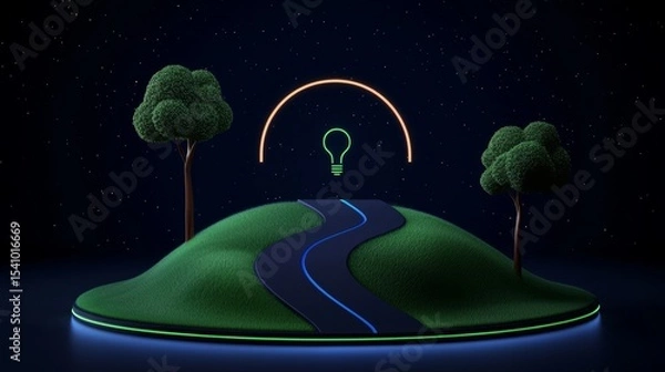 Fototapeta A conceptual landscape with a road leading to a lightbulb representing a path to innovation.