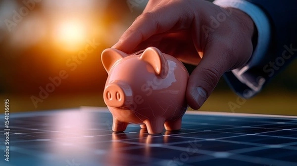 Fototapeta A hand place a piggy bank on a solar panel symbolizing investment in renewable energy.