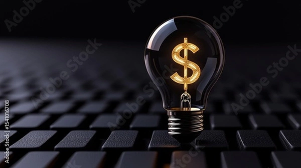 Fototapeta A light bulb illuminates a golden symbol representing a bright idea for financial gain.