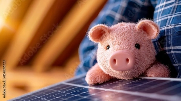 Fototapeta A plush toy pig rests atop a solar panel symbolizing renewable energy and environmental awareness.