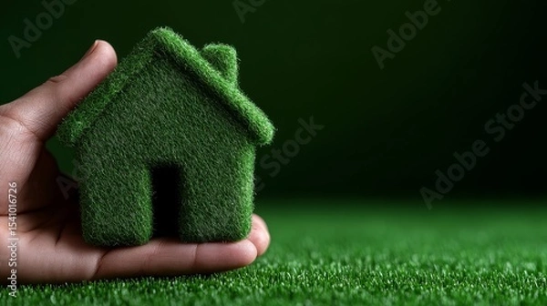 Fototapeta A miniature home covered in verdant turf is held in a hand representing eco concept.