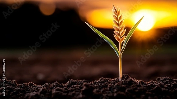 Fototapeta A single wheat plant emerges from the soil illuminated by the golden light of dawn symbolizing new life.