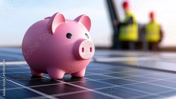 Fototapeta A pink piggy bank sits atop a solar panel representing financial saving with renewable energy.