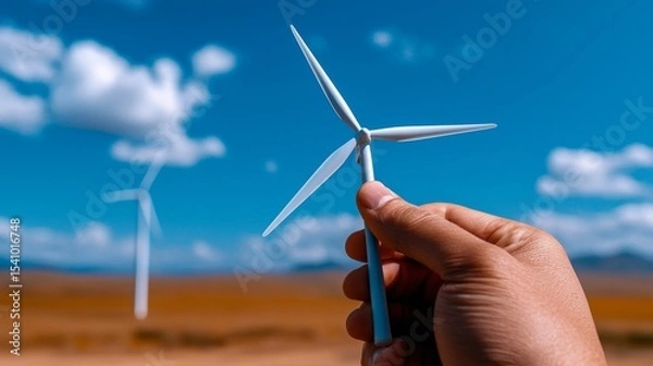 Fototapeta A miniature wind turbine held against a bright sky symbolizes renewable energy and a cleaner environment.