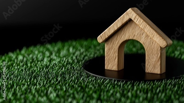 Fototapeta A miniature wooden abode rests on a patch of artificial turf creating a concept of residence.