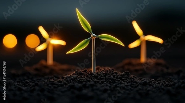 Fototapeta A symbolic illustration showcases a miniature wind turbine emerging from the earth embodying a concept of sustainable energy.