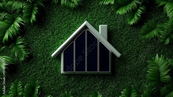Fototapeta A symbolic dwelling rests on verdant turf encircled by abundant foliage representing nature and shelter.