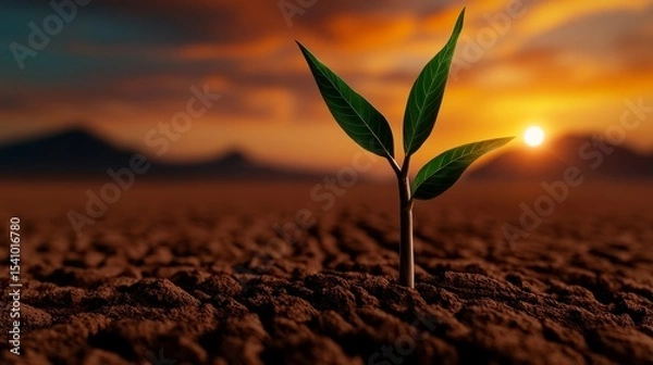 Fototapeta A tiny plant is growing from arid ground illuminated by the setting sun symbolizing hope and resilience.