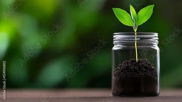 Fototapeta A young plant is germinating from rich soil inside a glass container representing new life.