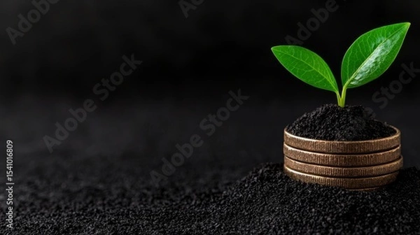 Fototapeta A young plant is growing from a stack of currency representing investment and financial growth.