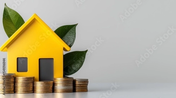 Fototapeta Concept of a yellow miniature home model with coin and foliage showcasing financial growth.