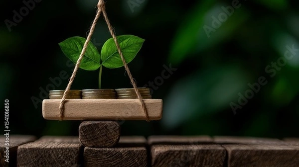 Fototapeta Concept showing a young plant growing from a pile of coin symbolizing investment and financial growth.