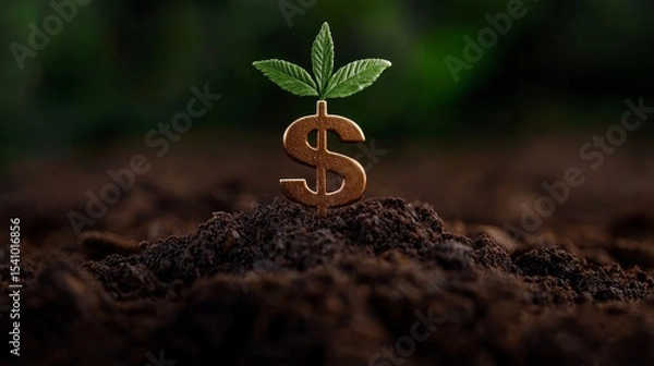 Fototapeta Concept showing financial growth with a plant growing from a dollar symbol in soil.