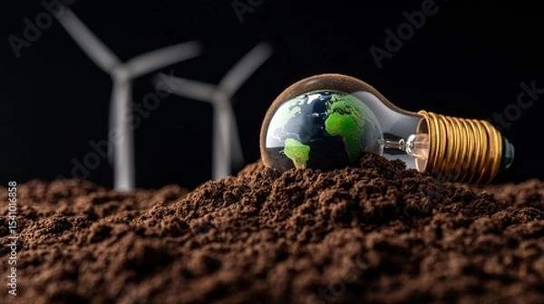 Fototapeta Concept showing earth inside a bulb with wind turbine representing sustainable power source.
