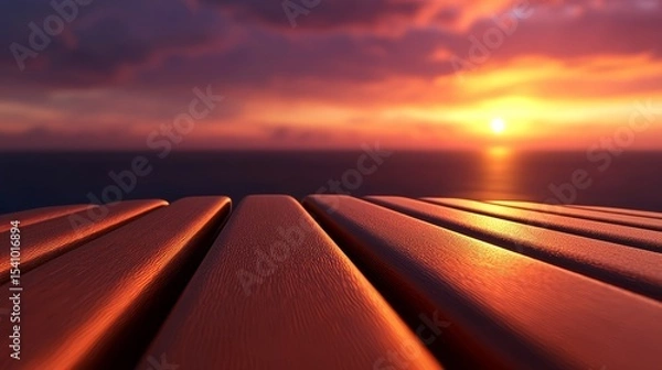Fototapeta Dramatic sunset view over the water from a wooden surface creates a tranquil atmosphere.