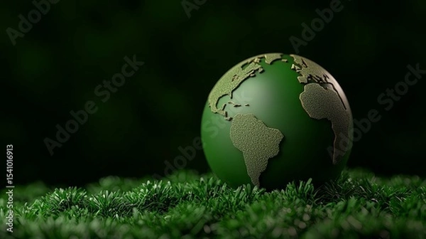 Fototapeta Green earth globe on verdant turf evokes a concept of ecology and environmental awareness.
