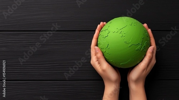 Fototapeta Hands hold a green earth model illustrating a concept of environmental awareness and conservation.