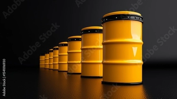 Fototapeta Row of yellow container on a dark surface create a strong visual impact ideal for industrial or energy related theme.