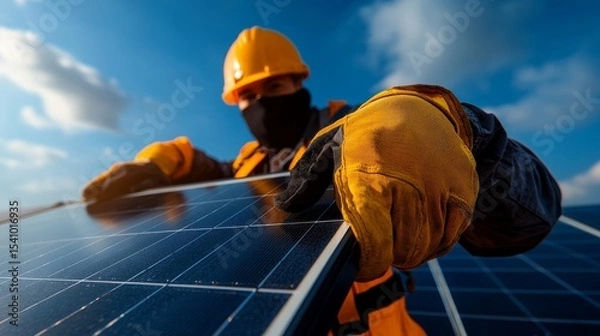 Fototapeta Worker installing photovoltaic panel for clean energy under a blue sky.