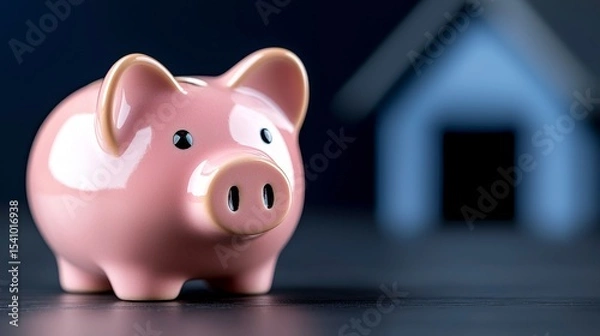 Fototapeta Saving for a home concept featuring a piggy bank with a blurred house in the background.