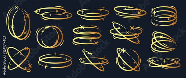 Fototapeta Golden y2k oval frames. Brutalist old school ellipse shapes with stars and sparkles, precious oval frames flat vector illustration set. Abstract aesthetic symbols