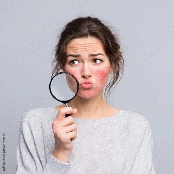 Fototapeta A woman with a skin condition, examining her face with a magnifying glass, expresses worry