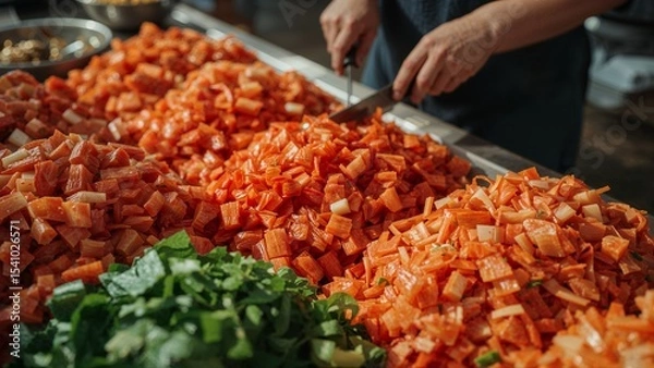 Fototapeta Close up of person cutting carrots and green vegetables on a metal surface in a kitchen area