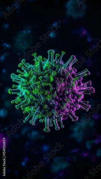 Fototapeta A vibrant rendering of a virus cell with green and purple hues on a dark blurred background