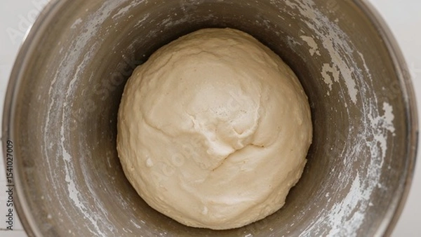 Fototapeta A ball of dough resting inside of a metal bowl ready for baking and making delicious baked goods