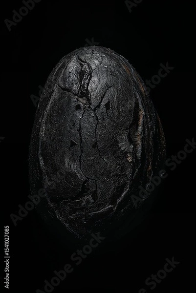 Fototapeta A dark cracked egg shaped object against a black background in a vertical close up studio shot