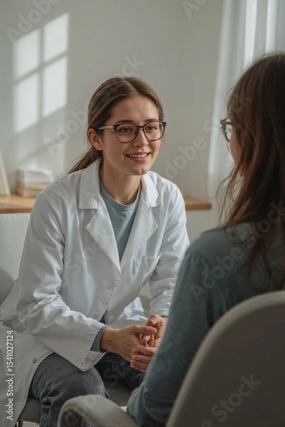 Fototapeta A smiling doctor in a white coat consults with a patient in a bright and airy office setting indoors