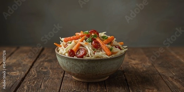 Fototapeta Close up of a bowl of salad with carrots tomatoes and cabbage on a wooden table surface view