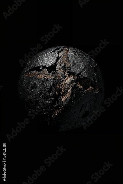 Fototapeta Dark sphere with cracked surface and rough texture isolated against a black background