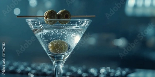 Fototapeta A close up of a martini glass with olives on a skewer and one olive inside the glass drink itself