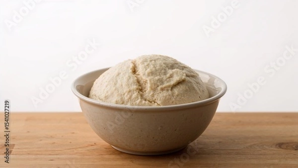 Fototapeta Close up of a bowl filled with a ball of dough sitting on a wooden surface against white backdrop