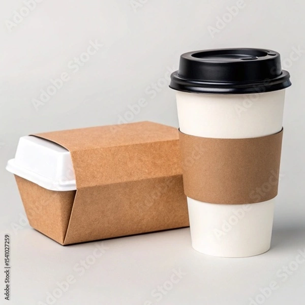 Obraz A takeout meal container wrapped in kraft paper sits next to a white coffee cup with a brown sleeve and black lid, all on a light background.