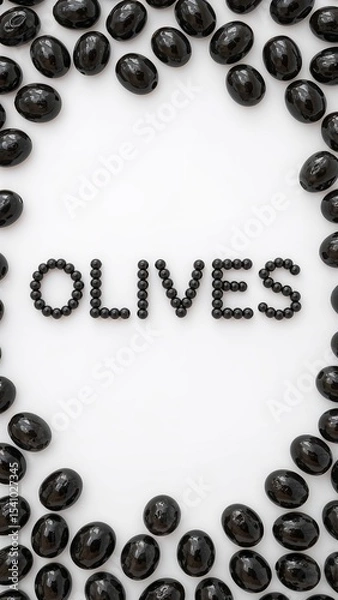 Fototapeta Arrangement of black olives forming the word olives on a white background in a studio shot
