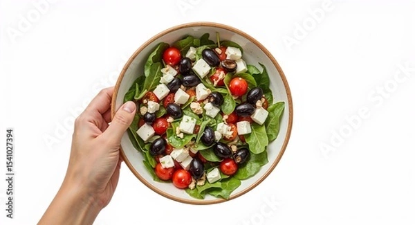 Fototapeta Hand holding a bowl of salad with tomatoes olives and feta cheese on a white background close up view
