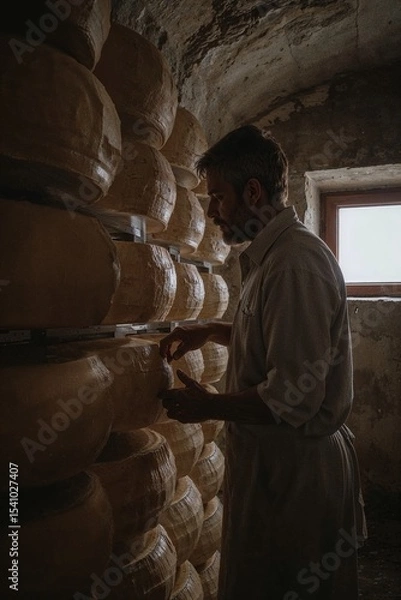 Fototapeta Man inspecting cheese wheels stacked high in a dimly lit aging room near a window with natural light