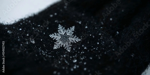 Fototapeta Close up of a snowflake on a dark surface with water droplets in a macro photography shot