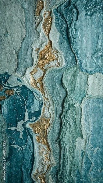 Fototapeta Abstract painting with teal and gold accents showing texture and depth in a vertical format