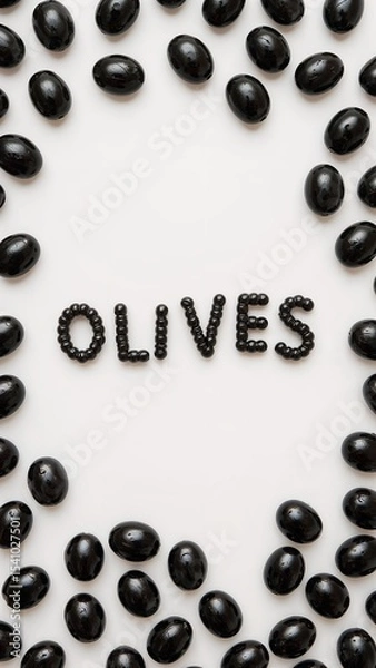 Fototapeta Black olives arranged in a circle with the word olives spelled out in the center on white