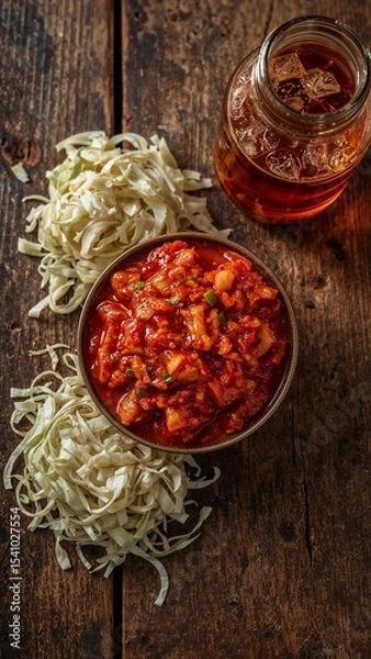 Fototapeta Overhead shot of stew in bowl next to noodles and iced tea on a rustic wooden surface top view