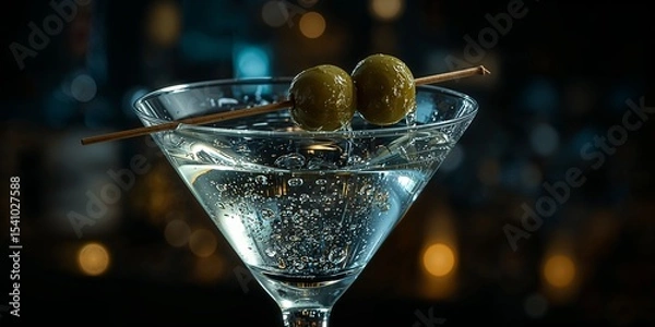 Fototapeta Close up of a martini glass with olives on a toothpick against a blurred background at night time