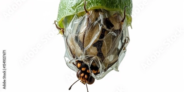 Fototapeta Close up of a butterfly pupa hanging upside down from a green leaf on a white background