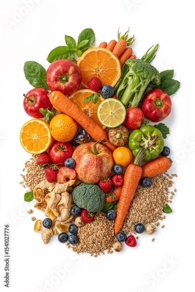 Fototapeta An assortment of fresh fruits and vegetables displayed on a white background in a studio shot