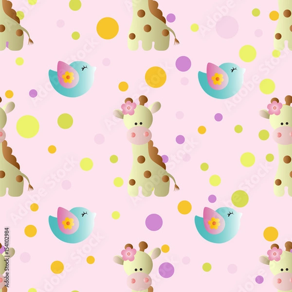 Fototapeta seamless pattern with cartoon cute toy baby giraffe, bird and Circles on a light pink background