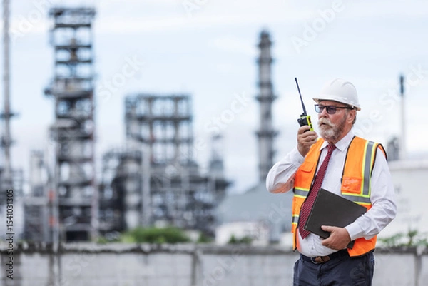 Obraz A senior engineer in a safety vest and helmet uses a walkie-talkie while holding a clipboard at an oil refinery. Industrial towers in the background reflect a high-level site inspection.